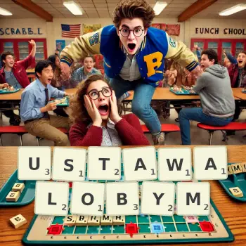 Kreatywna ilustracja do gry w Scrabble ze słowem USTAWALOBYM ułożonym z płytek na planszy.