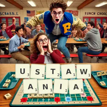 Kreatywna ilustracja do gry w Scrabble ze słowem USTAWANIA ułożonym z płytek na planszy.