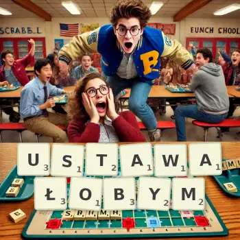 Kreatywna ilustracja do gry w Scrabble ze słowem USTAWAŁOBYM ułożonym z płytek na planszy.