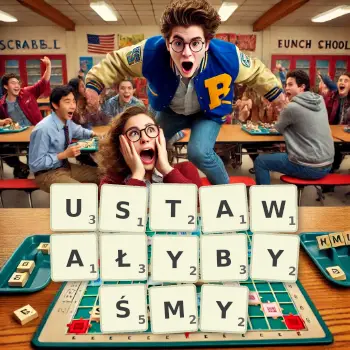 Kreatywna ilustracja do gry w Scrabble ze słowem USTAWAŁYBYŚMY ułożonym z płytek na planszy.