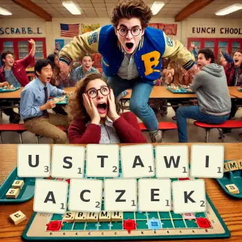 Kreatywna ilustracja do gry w Scrabble ze słowem USTAWIACZEK ułożonym z płytek na planszy.