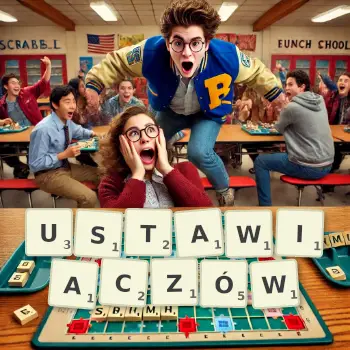 Kreatywna ilustracja do gry w Scrabble ze słowem USTAWIACZÓW ułożonym z płytek na planszy.