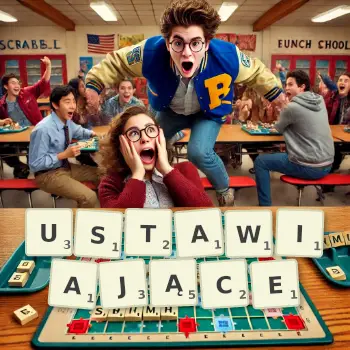 Kreatywna ilustracja do gry w Scrabble ze słowem USTAWIAJĄCE ułożonym z płytek na planszy.