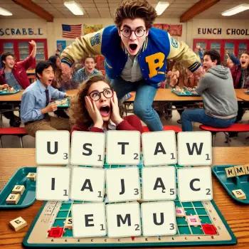 Kreatywna ilustracja do gry w Scrabble ze słowem USTAWIAJĄCEMU ułożonym z płytek na planszy.