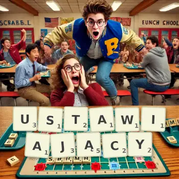 Kreatywna ilustracja do gry w Scrabble ze słowem USTAWIAJĄCY ułożonym z płytek na planszy.