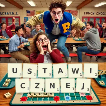 Kreatywna ilustracja do gry w Scrabble ze słowem USTAWICZNEJ ułożonym z płytek na planszy.