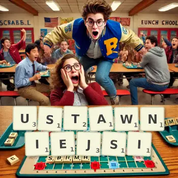 Kreatywna ilustracja do gry w Scrabble ze słowem USTAWNIEJSI ułożonym z płytek na planszy.