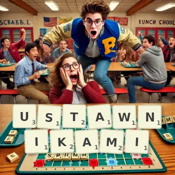 Kreatywna ilustracja do gry w Scrabble ze słowem USTAWNIKAMI ułożonym z płytek na planszy.