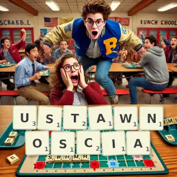 Kreatywna ilustracja do gry w Scrabble ze słowem USTAWNOSCIA ułożonym z płytek na planszy.