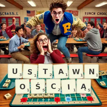 Kreatywna ilustracja do gry w Scrabble ze słowem USTAWNOŚCIĄ ułożonym z płytek na planszy.