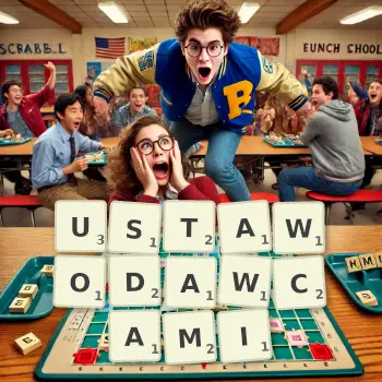 Kreatywna ilustracja do gry w Scrabble ze słowem USTAWODAWCAMI ułożonym z płytek na planszy.