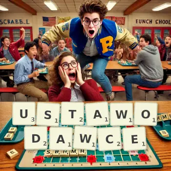 Kreatywna ilustracja do gry w Scrabble ze słowem USTAWODAWCE ułożonym z płytek na planszy.