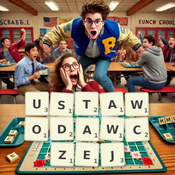 Kreatywna ilustracja do gry w Scrabble ze słowem USTAWODAWCZEJ ułożonym z płytek na planszy.