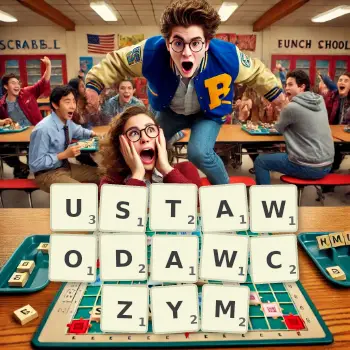 Kreatywna ilustracja do gry w Scrabble ze słowem USTAWODAWCZYM ułożonym z płytek na planszy.