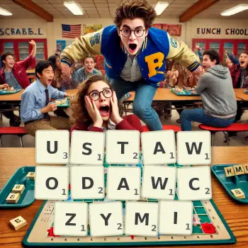 Kreatywna ilustracja do gry w Scrabble ze słowem USTAWODAWCZYMI ułożonym z płytek na planszy.