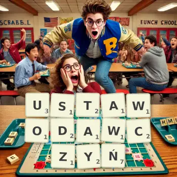 Kreatywna ilustracja do gry w Scrabble ze słowem USTAWODAWCZYŃ ułożonym z płytek na planszy.