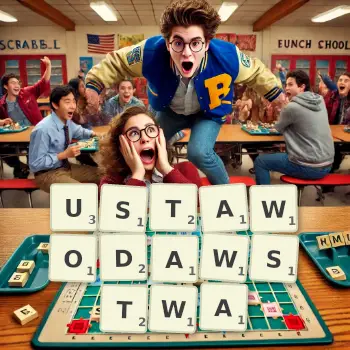 Kreatywna ilustracja do gry w Scrabble ze słowem USTAWODAWSTWA ułożonym z płytek na planszy.