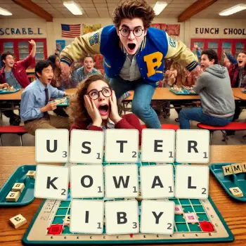 Kreatywna ilustracja do gry w Scrabble ze słowem USTERKOWALIBY ułożonym z płytek na planszy.