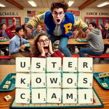 Kreatywna ilustracja do gry w Scrabble ze słowem USTERKOWOSCIAMI ułożonym z płytek na planszy.