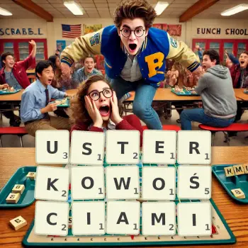 Kreatywna ilustracja do gry w Scrabble ze słowem USTERKOWOŚCIAMI ułożonym z płytek na planszy.