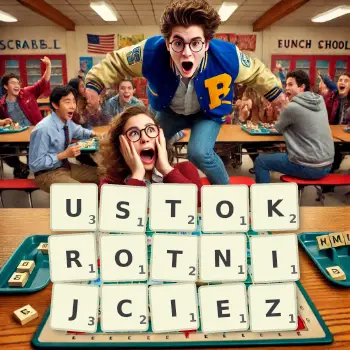 Kreatywna ilustracja do gry w Scrabble ze słowem USTOKROTNIJCIEZ ułożonym z płytek na planszy.