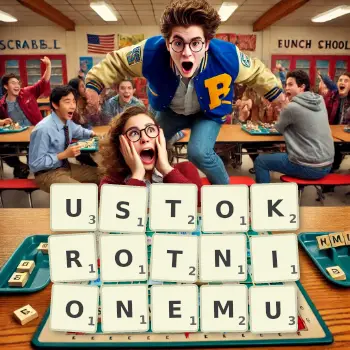 Kreatywna ilustracja do gry w Scrabble ze słowem USTOKROTNIONEMU ułożonym z płytek na planszy.