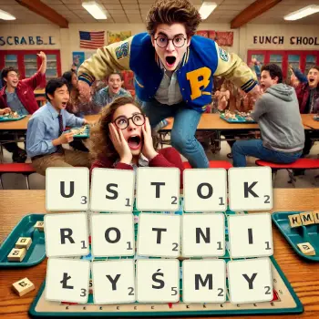 Kreatywna ilustracja do gry w Scrabble ze słowem USTOKROTNIŁYŚMY ułożonym z płytek na planszy.