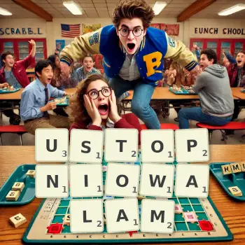 Kreatywna ilustracja do gry w Scrabble ze słowem USTOPNIOWALAM ułożonym z płytek na planszy.