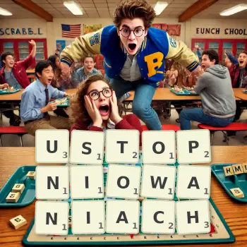 Kreatywna ilustracja do gry w Scrabble ze słowem USTOPNIOWANIACH ułożonym z płytek na planszy.