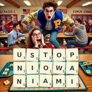 Kreatywna ilustracja do gry w Scrabble ze słowem USTOPNIOWANIAMI ułożonym z płytek na planszy.