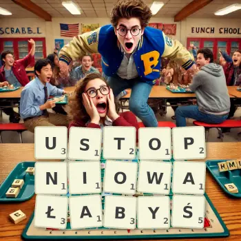 Kreatywna ilustracja do gry w Scrabble ze słowem USTOPNIOWAŁABYŚ ułożonym z płytek na planszy.