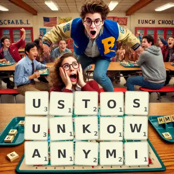 Kreatywna ilustracja do gry w Scrabble ze słowem USTOSUNKOWANYMI ułożonym z płytek na planszy.