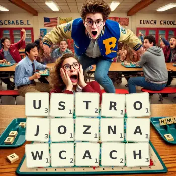 Kreatywna ilustracja do gry w Scrabble ze słowem USTROJOZNAWCACH ułożonym z płytek na planszy.