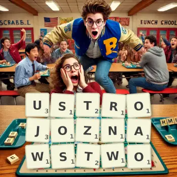 Kreatywna ilustracja do gry w Scrabble ze słowem USTROJOZNAWSTWO ułożonym z płytek na planszy.