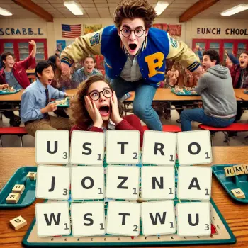 Kreatywna ilustracja do gry w Scrabble ze słowem USTROJOZNAWSTWU ułożonym z płytek na planszy.