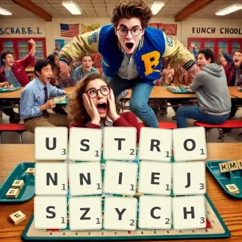 Kreatywna ilustracja do gry w Scrabble ze słowem USTRONNIEJSZYCH ułożonym z płytek na planszy.