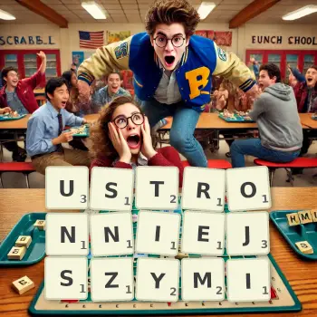 Kreatywna ilustracja do gry w Scrabble ze słowem USTRONNIEJSZYMI ułożonym z płytek na planszy.