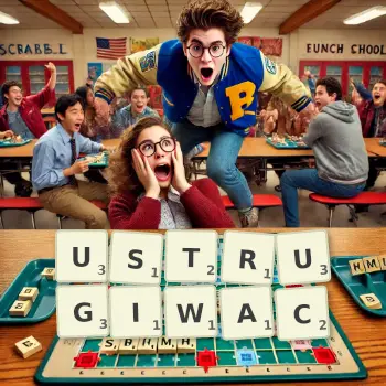 Kreatywna ilustracja do gry w Scrabble ze słowem USTRUGIWAC ułożonym z płytek na planszy.