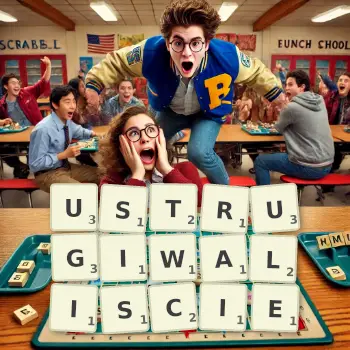 Kreatywna ilustracja do gry w Scrabble ze słowem USTRUGIWALISCIE ułożonym z płytek na planszy.