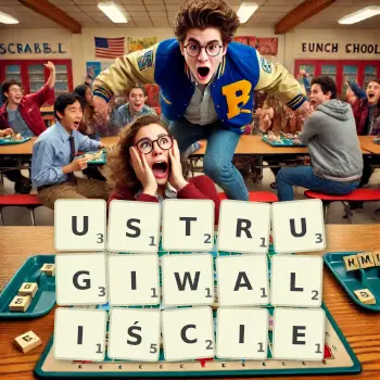 Kreatywna ilustracja do gry w Scrabble ze słowem USTRUGIWALIŚCIE ułożonym z płytek na planszy.