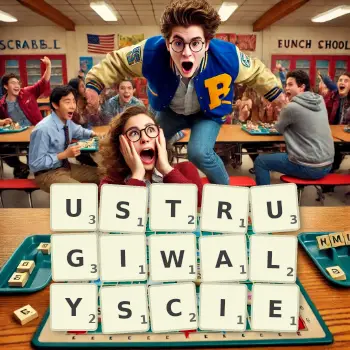 Kreatywna ilustracja do gry w Scrabble ze słowem USTRUGIWALYSCIE ułożonym z płytek na planszy.