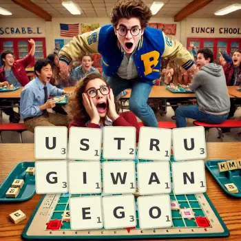 Kreatywna ilustracja do gry w Scrabble ze słowem USTRUGIWANEGO ułożonym z płytek na planszy.