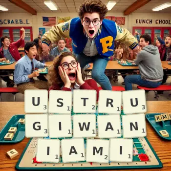 Kreatywna ilustracja do gry w Scrabble ze słowem USTRUGIWANIAMI ułożonym z płytek na planszy.