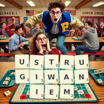 Kreatywna ilustracja do gry w Scrabble ze słowem USTRUGIWANIEM ułożonym z płytek na planszy.