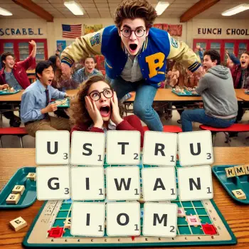 Kreatywna ilustracja do gry w Scrabble ze słowem USTRUGIWANIOM ułożonym z płytek na planszy.