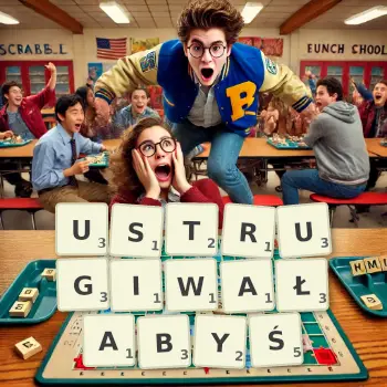 Kreatywna ilustracja do gry w Scrabble ze słowem USTRUGIWAŁABYŚ ułożonym z płytek na planszy.