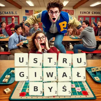 Kreatywna ilustracja do gry w Scrabble ze słowem USTRUGIWAŁBYŚ ułożonym z płytek na planszy.