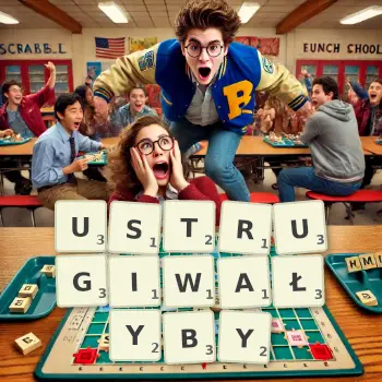 Kreatywna ilustracja do gry w Scrabble ze słowem USTRUGIWAŁYBY ułożonym z płytek na planszy.