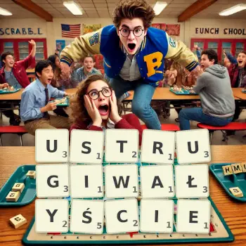 Kreatywna ilustracja do gry w Scrabble ze słowem USTRUGIWAŁYŚCIE ułożonym z płytek na planszy.