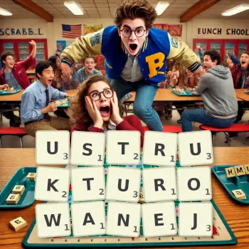 Kreatywna ilustracja do gry w Scrabble ze słowem USTRUKTUROWANEJ ułożonym z płytek na planszy.